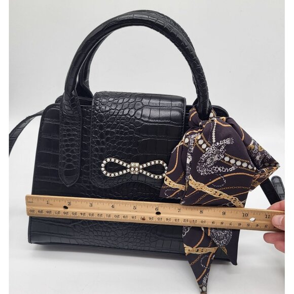 Betsey Johnson Black Satchel Crocodile Print Handbag Purse w/ Scarf Two Handle - Picture 10 of 11